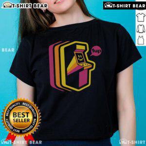 Top Vintage Arcade Stripes Ladies Tee featuring colorful retro stripes on a stylish women's shirt design.