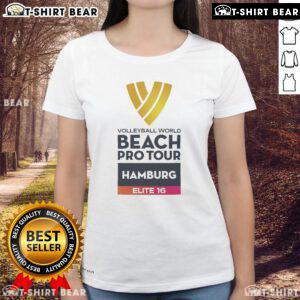 Top Volleyball World Beach Pro Tour Hamburg Elite 16 Ladies Tee displayed on a vibrant beach background.