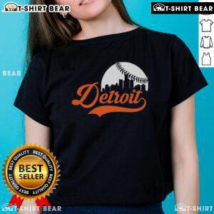 Awesome Detroit Tigers baseball skyline ladies tee featuring a vibrant cityscape and team logo, perfect for fans.