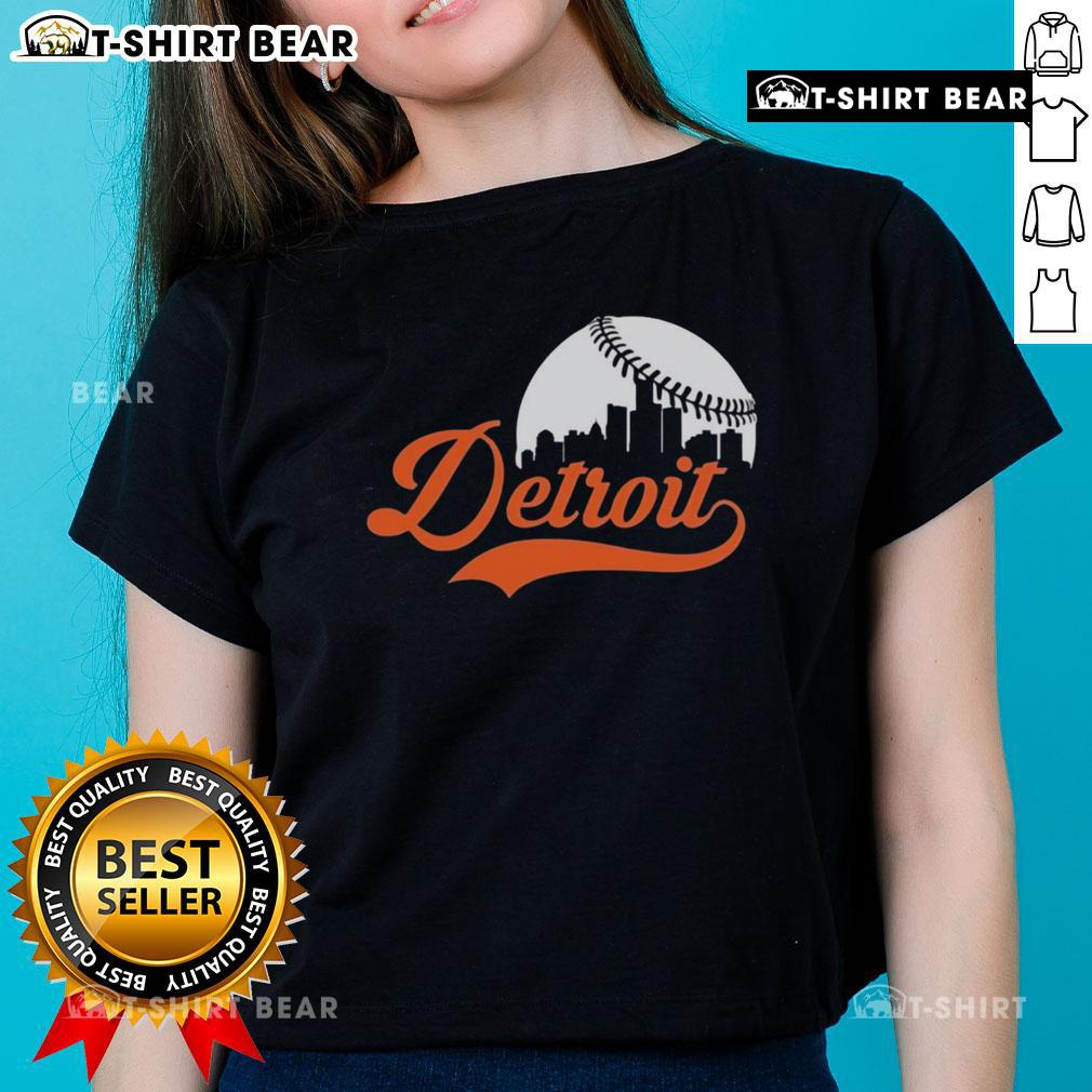 Awesome Detroit Tigers baseball skyline ladies tee featuring a vibrant cityscape and team logo, perfect for fans.