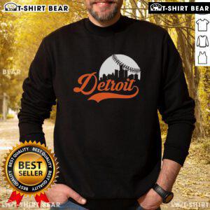 Awesome Detroit Tigers baseball skyline sweatshirt featuring vibrant team colors and iconic city skyline design.