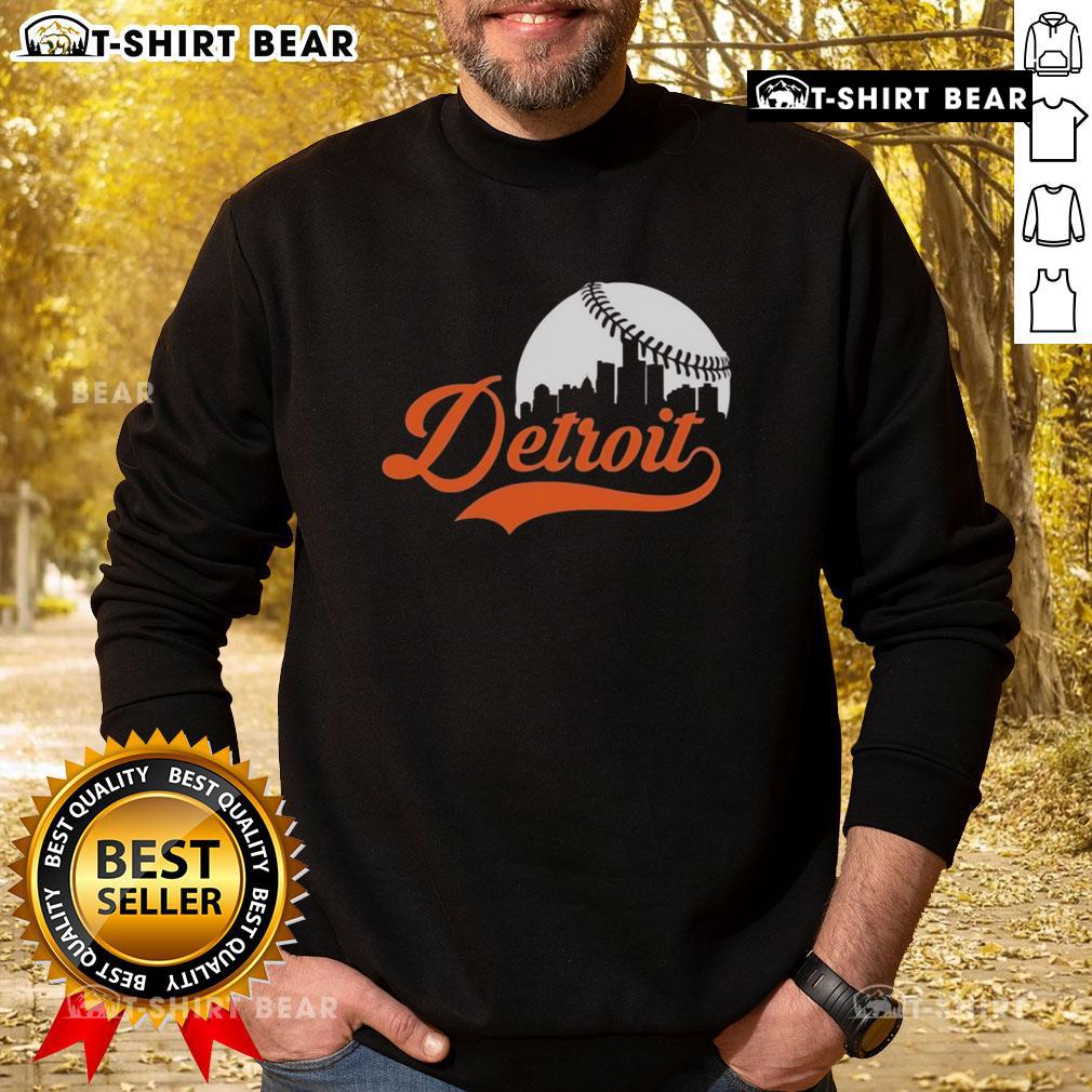 Awesome Detroit Tigers baseball skyline sweatshirt featuring vibrant team colors and iconic city skyline design.