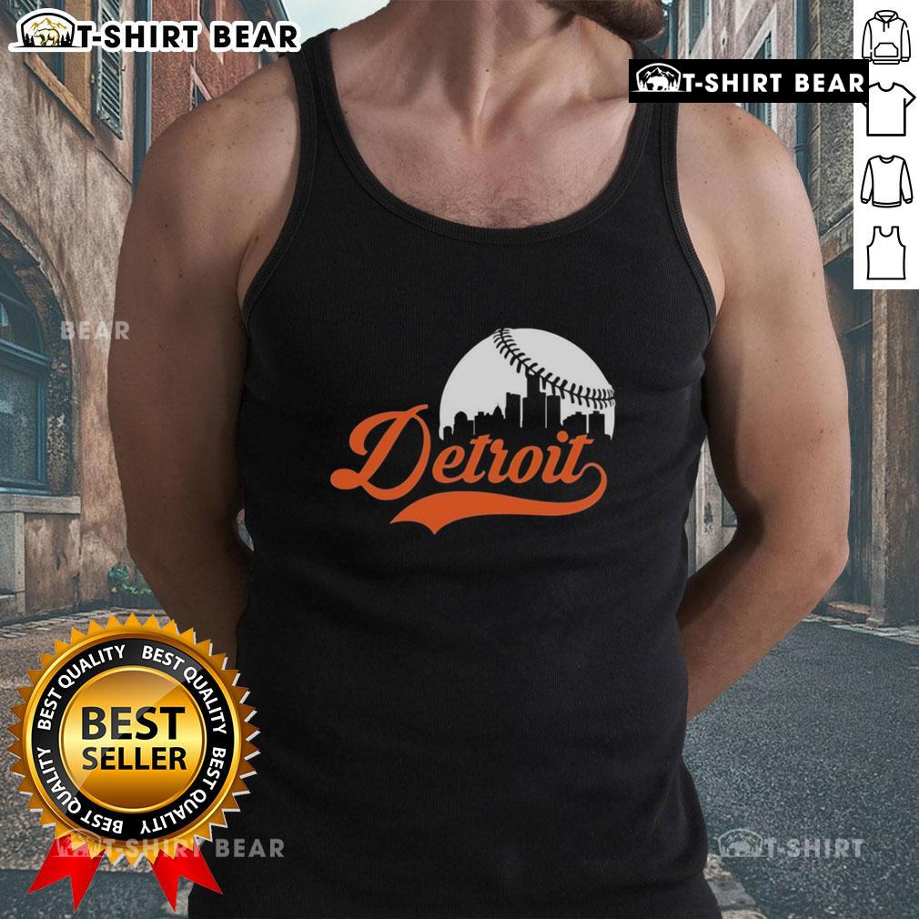 Awesome Detroit Tigers baseball skyline tank top featuring iconic city skyline and vibrant team colors.