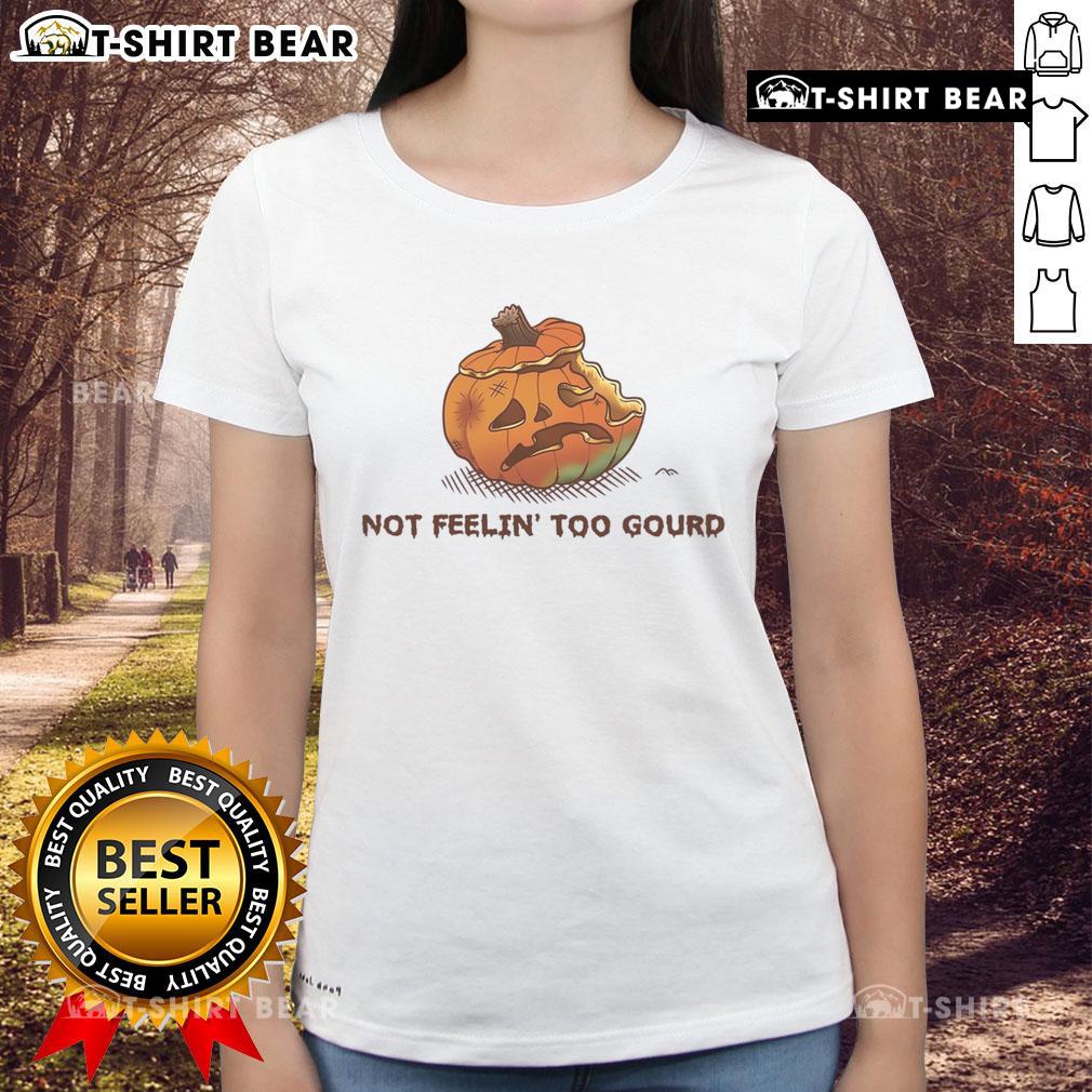 Awesome Halloween pumpkin graphic on a women's tee, featuring a fun 'Not Feeling Too Gourd' design for festive vibes.