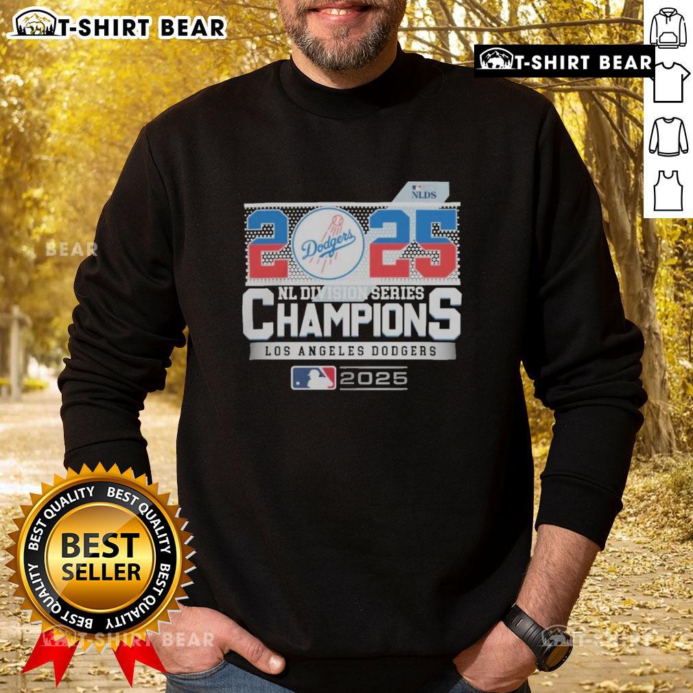 Los Angeles Dodgers 2025 NL Division Series Champions sweatshirt featuring team logo and vibrant blue design.