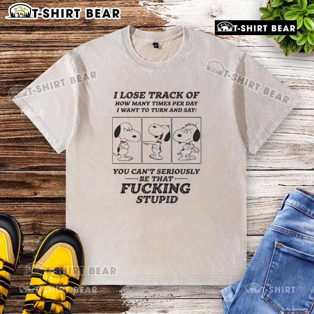 Alt Text: Snoopy graphic tee featuring I lose track of how many times I want to say washed, perfect for casual wear.