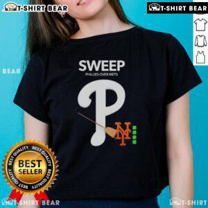 Awesome Sweep Phillies Over Mets Ladies Tee featuring team colors and logo, perfect for female Phillies fans.