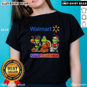 Awesome Walmart X Grinch Cosplay Happy HalloThanksMas Ladies Tee featuring festive design and vibrant colors for holiday fun.