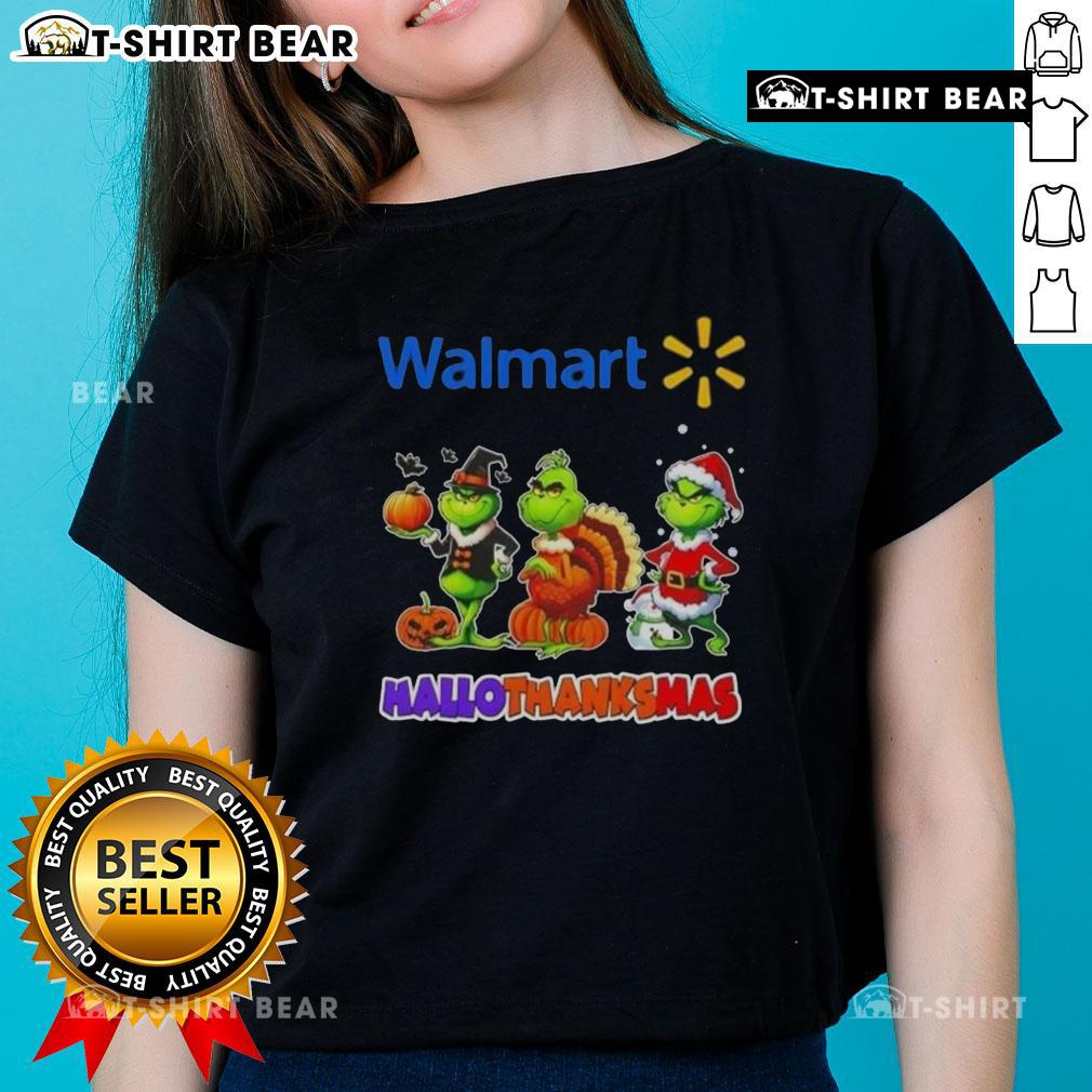 Awesome Walmart X Grinch Cosplay Happy HalloThanksMas Ladies Tee featuring festive design and vibrant colors for holiday fun.