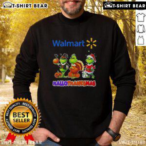 Awesome Walmart X Grinch Cosplay Happy HalloThanksMas Sweatshirt featuring festive design and colorful graphics for the holiday season.