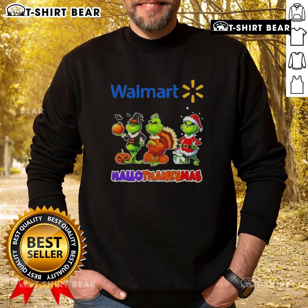 Awesome Walmart X Grinch Cosplay Happy HalloThanksMas Sweatshirt featuring festive design and colorful graphics for the holiday season.
