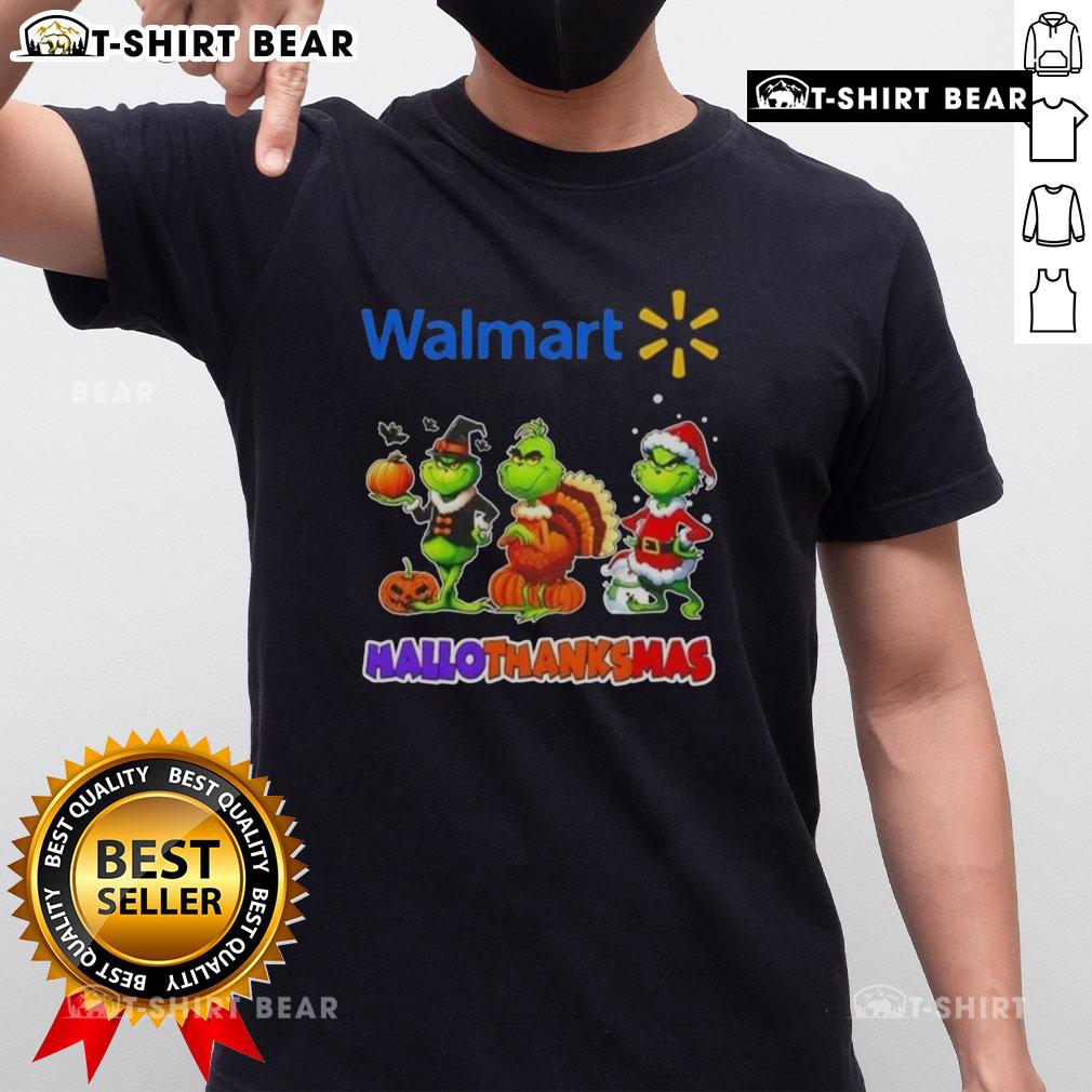 Awesome Walmart X Grinch Cosplay Happy Hallothanksmas T-Shirt featuring vibrant colors and festive designs for holiday fun.