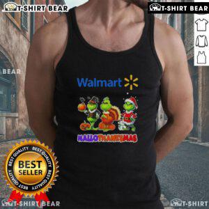 Awesome Walmart X Grinch cosplay tank top for Happy HalloThanksMas, featuring festive colors and fun design.