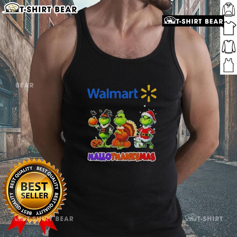 Awesome Walmart X Grinch cosplay tank top for Happy HalloThanksMas, featuring festive colors and fun design.