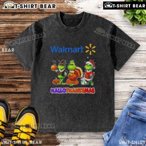Awesome Walmart X Grinch cosplay washed t-shirt for Happy HalloThanksMas featuring festive design and vibrant colors.
