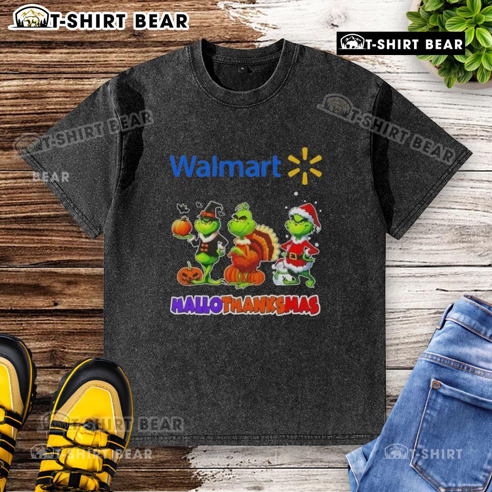 Awesome Walmart X Grinch cosplay washed t-shirt for Happy HalloThanksMas featuring festive design and vibrant colors.