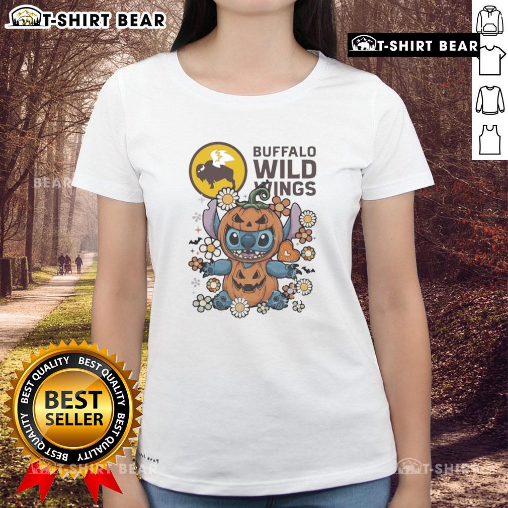 Cute Buffalo Wild Wings Stitch pumpkin costume Halloween ladies tee featuring vibrant colors and festive design.