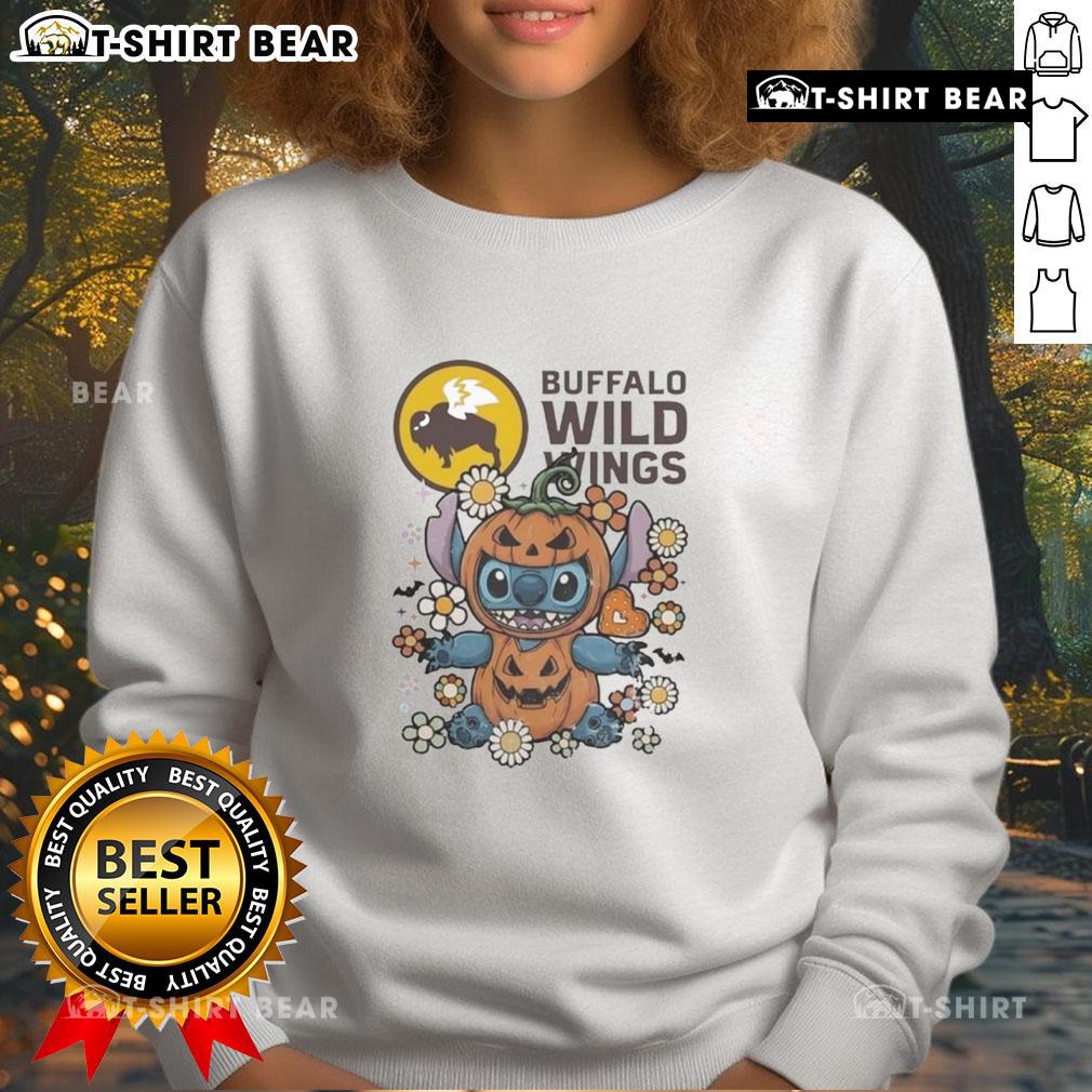 Cute Buffalo Wild Wings Stitch pumpkin costume Halloween sweatshirt featuring vibrant colors and fun design for festive wear.