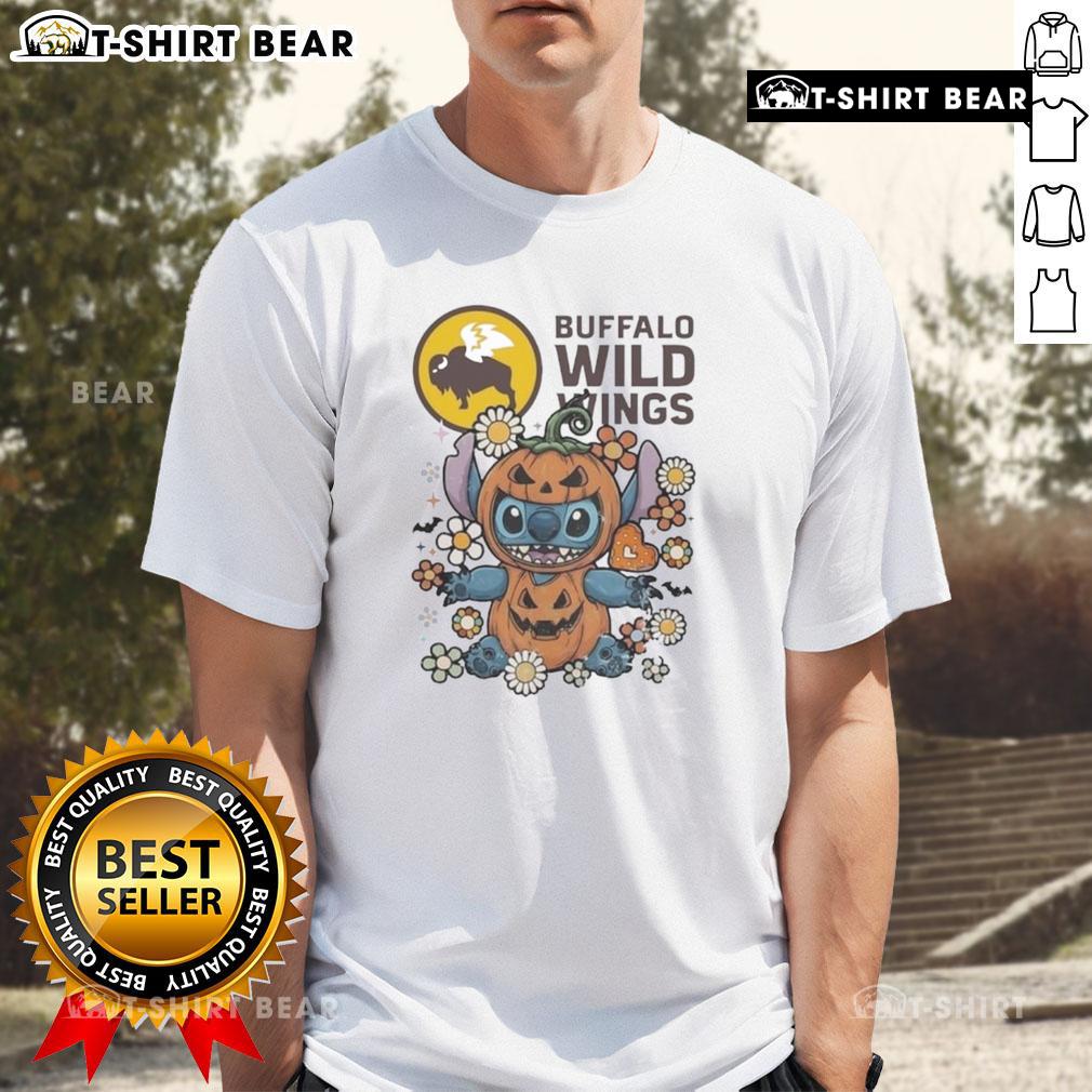 Alt Text: Cute Buffalo Wild Wings Stitch pumpkin costume Halloween T-shirt featuring vibrant colors and fun design for festive wear.