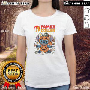 Alt Text: Cute family wearing dollar stitch pumpkin costume Halloween ladies tee, showcasing fun and festive holiday spirit.