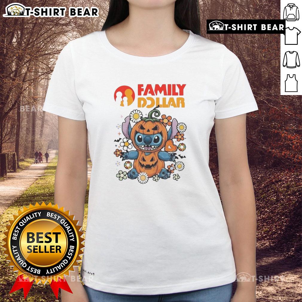 Alt Text: Cute family wearing dollar stitch pumpkin costume Halloween ladies tee, showcasing fun and festive holiday spirit.