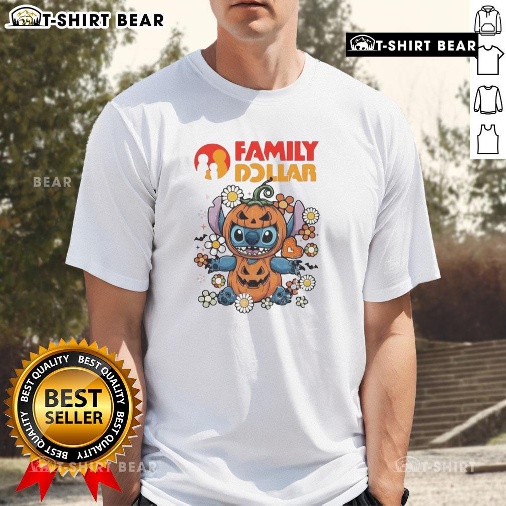 Alt Text: Cute family wearing Dollar Stitch pumpkin costume Halloween t-shirt, perfect for festive celebrations and trick-or-treating.