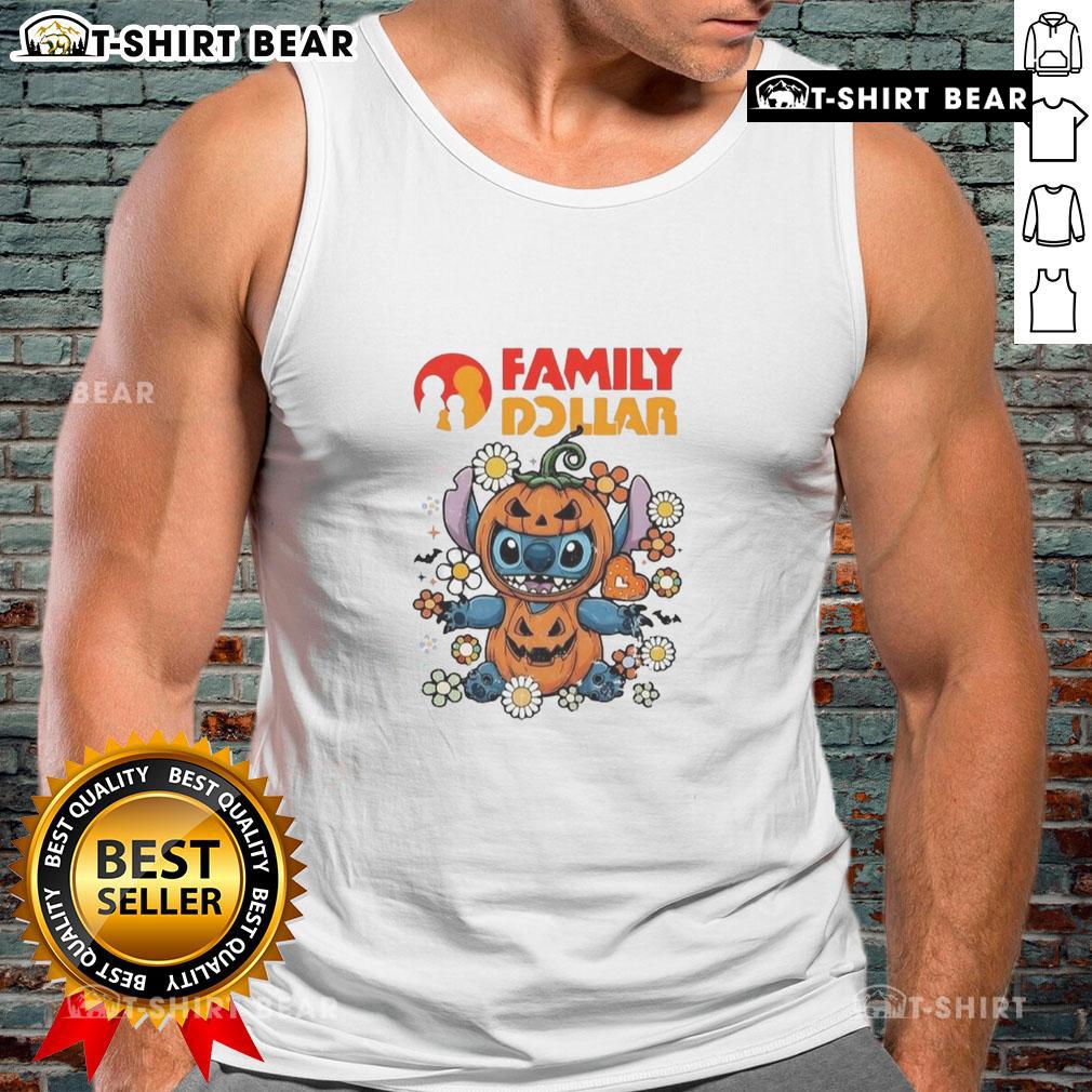 Alt Text: Cute family wearing a Dollar Stitch pumpkin costume Halloween tank top, perfect for festive celebrations and fall fun.