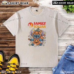 Alt Text: Cute family wearing Dollar Stitch pumpkin costume for Halloween, showcasing a fun washed t-shirt design.
