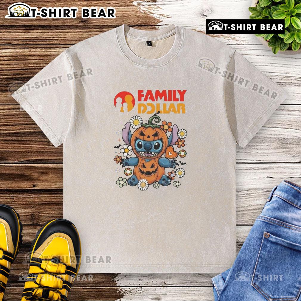 Alt Text: Cute family wearing Dollar Stitch pumpkin costume for Halloween, showcasing a fun washed t-shirt design.