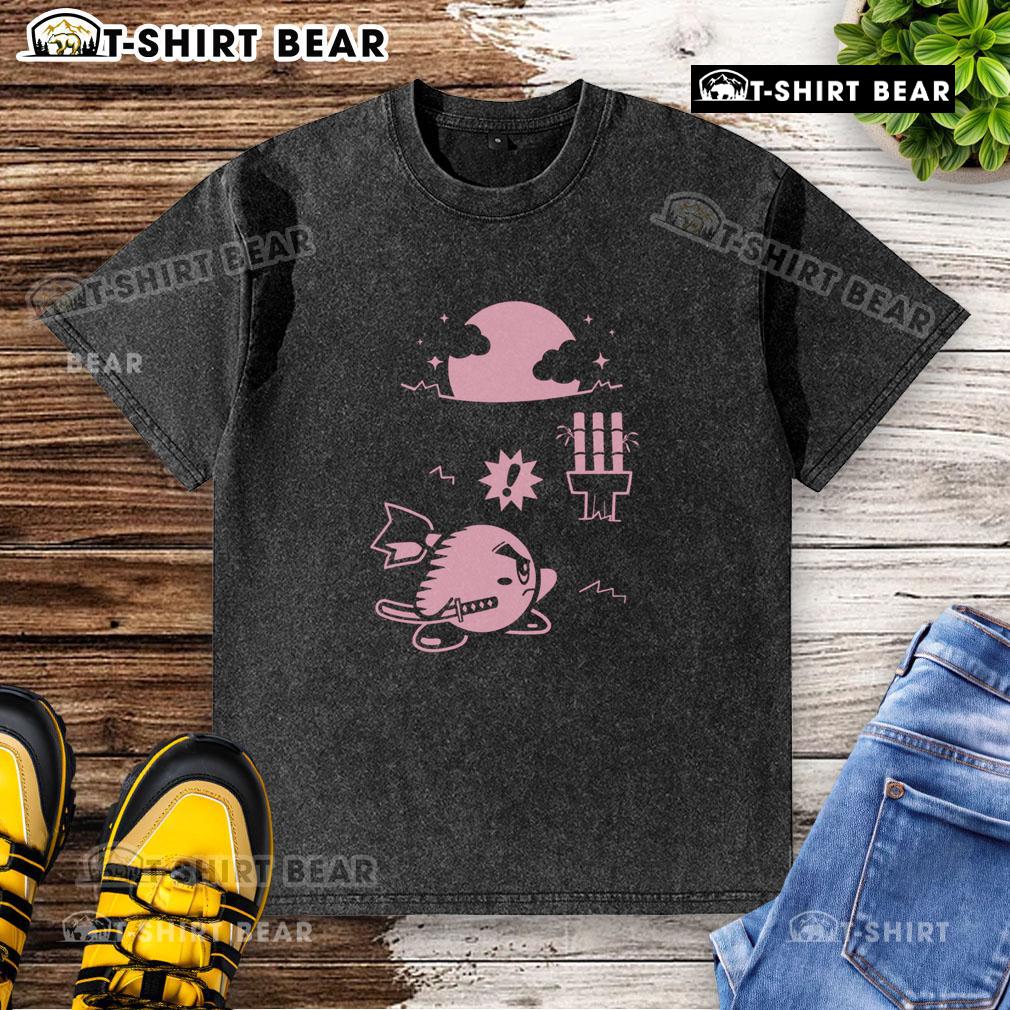 Funny pink ninja Kirby samurai gamer washed t-shirt, featuring a playful design perfect for gaming enthusiasts.