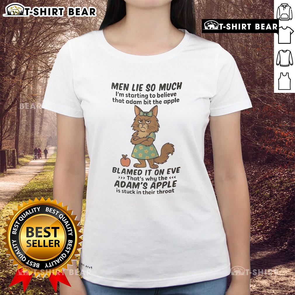 Funny Maine Coon cat on a ladies tee, 'Men lie so much, I'm starting to believe Adam bit the apple' design.
