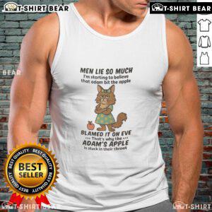 Man in tank top with Maine Coon cat, humorously reflecting on trust and beliefs in a playful setting.