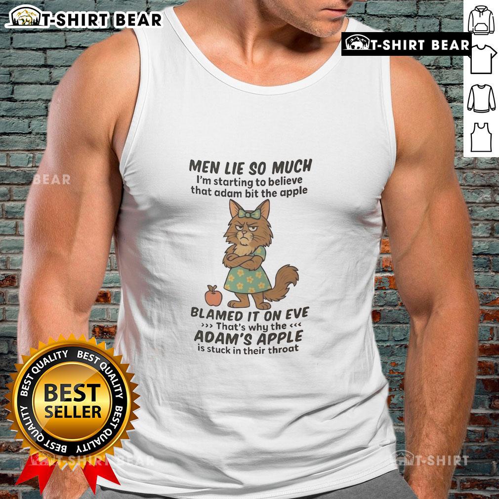 Man in tank top with Maine Coon cat, humorously reflecting on trust and beliefs in a playful setting.