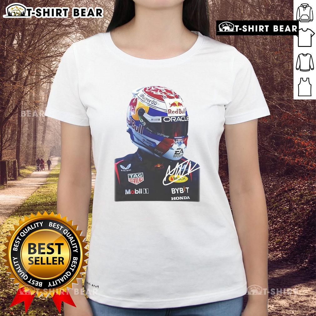 Alt Text: Good Max Verstappen Racing Big Face Graphic Signature Ladies Tee showcasing bold design and racing spirit.