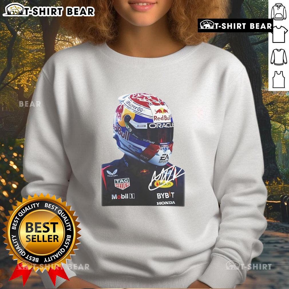 Max Verstappen Racing sweatshirt featuring a bold graphic signature and big face design for fans of motorsport.