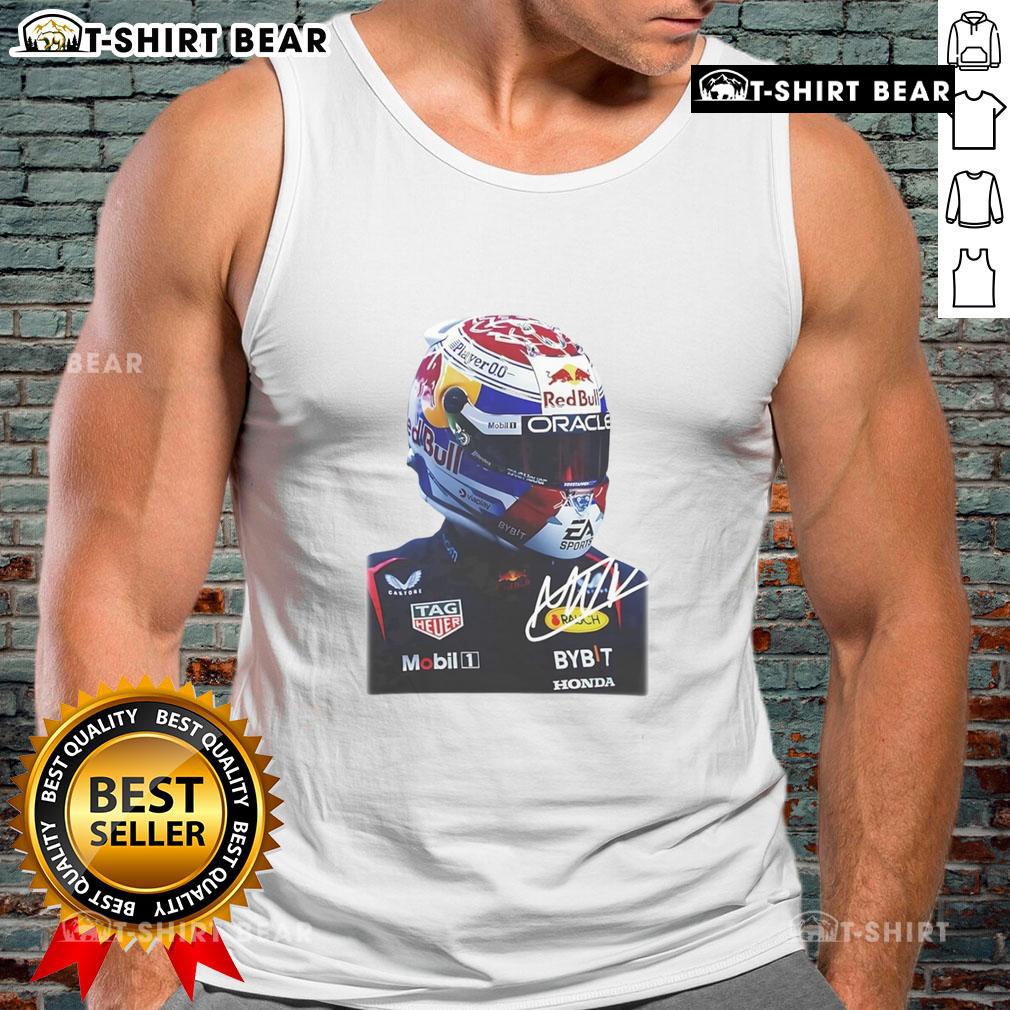 Good Max Verstappen Racing tank top featuring a bold graphic signature and large face design for motorsport fans.
