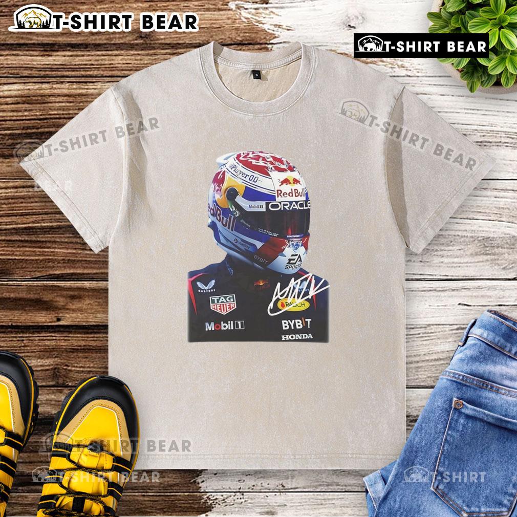 Good Max Verstappen Racing Big Face Graphic Signature Washed T-Shirt featuring bold design and vibrant colors for fans.