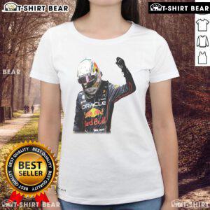 Max Verstappen victory graphic on a stylish ladies tee, perfect for Formula 1 fans celebrating his racing success.