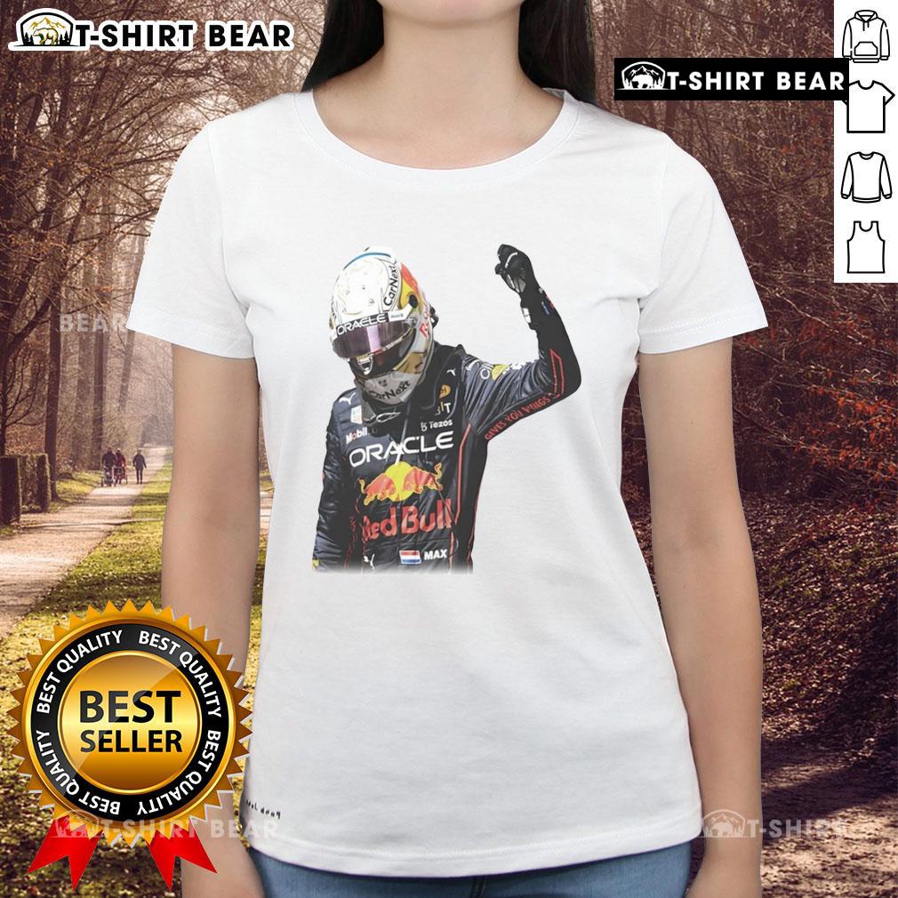 Max Verstappen victory graphic on a stylish ladies tee, perfect for Formula 1 fans celebrating his racing success.