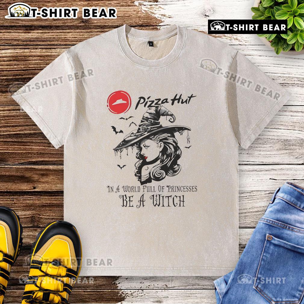Good Pizza Hut Halloween washed t-shirt featuring 'Be a Witch' design in a whimsical princess-themed setting.