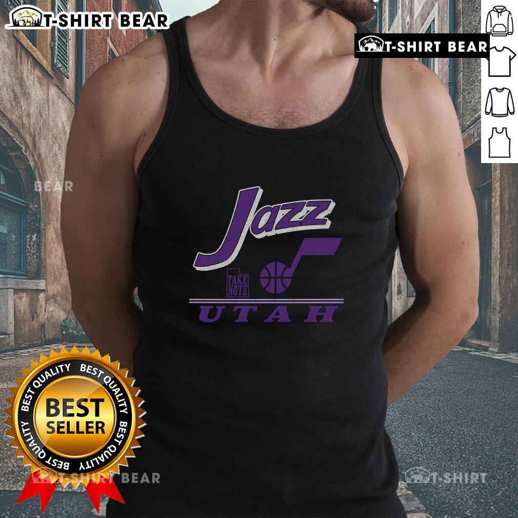 Vintage Utah Jazz fly-by tank top featuring classic logo design, perfect for fans and retro sportswear enthusiasts.