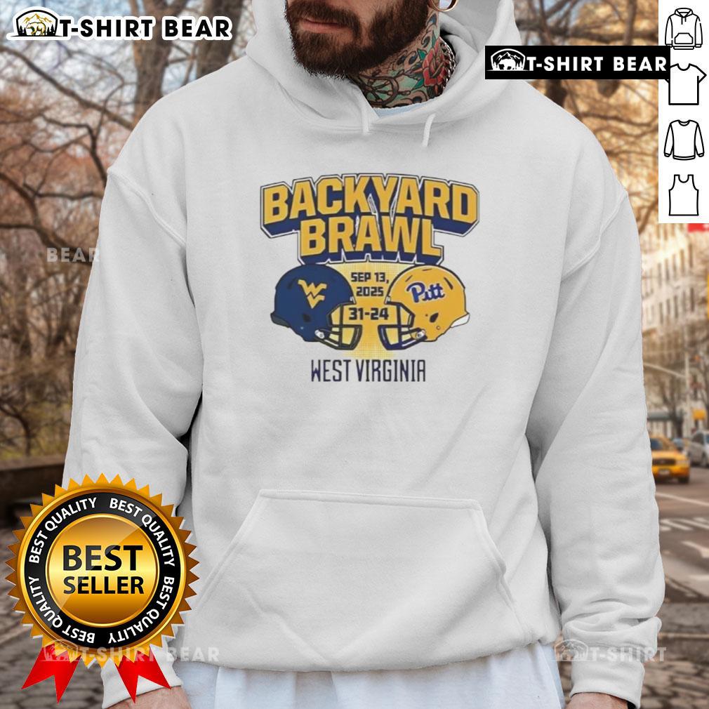 Good West Virginia Mountaineers Beat Pittsburgh Panthers 31-24 Backyard Brawl Hoodie design featuring team colors.