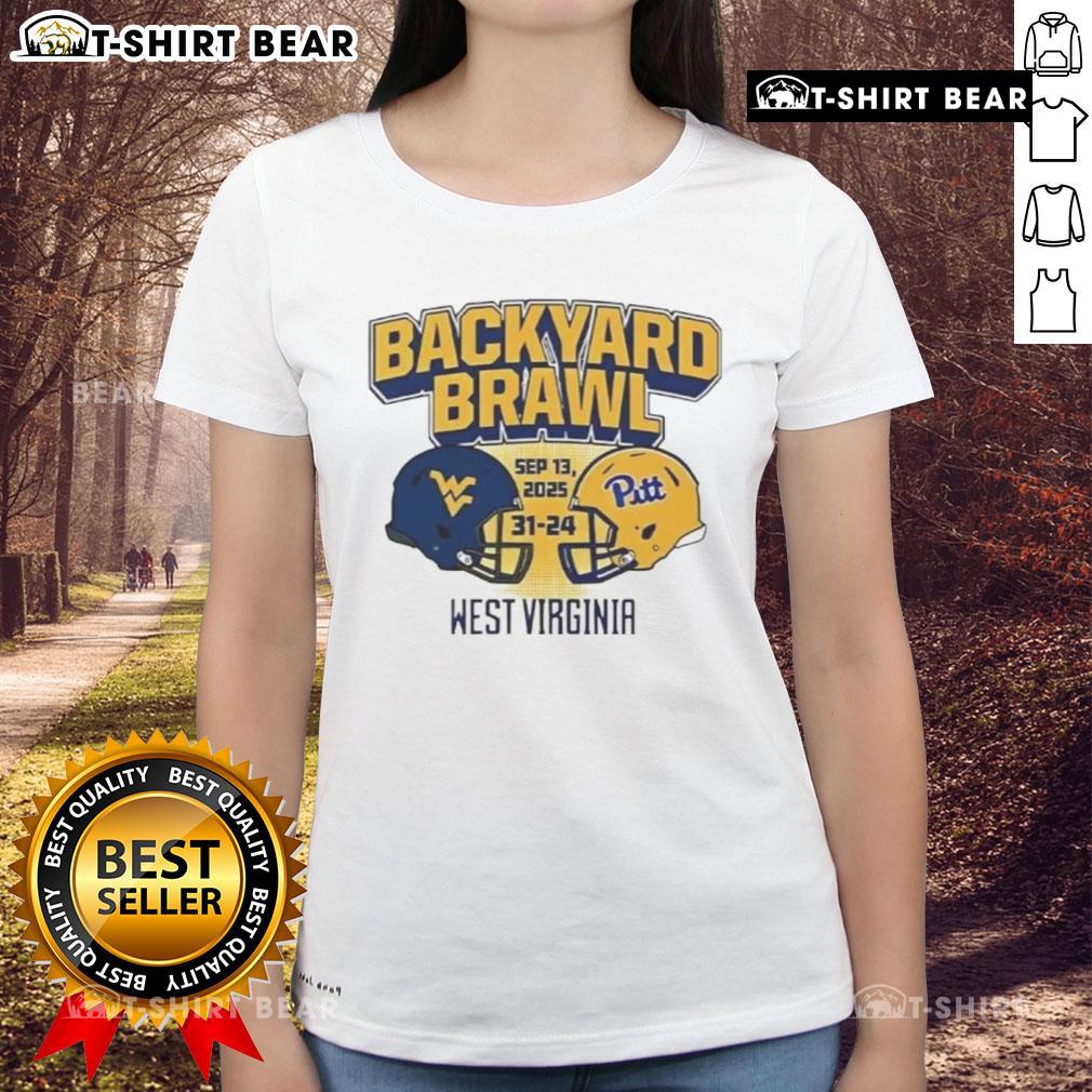 Good West Virginia Mountaineers beat Pittsburgh Panthers 31-24 in Backyard Brawl, featuring ladies tee design.