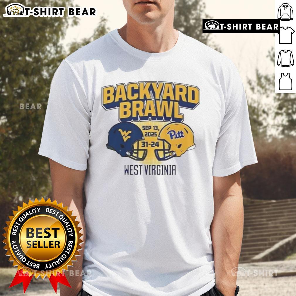 Good West Virginia Mountaineers Beat Pittsburgh Panthers 31-24 Backyard Brawl T-Shirt design featuring team logos.
