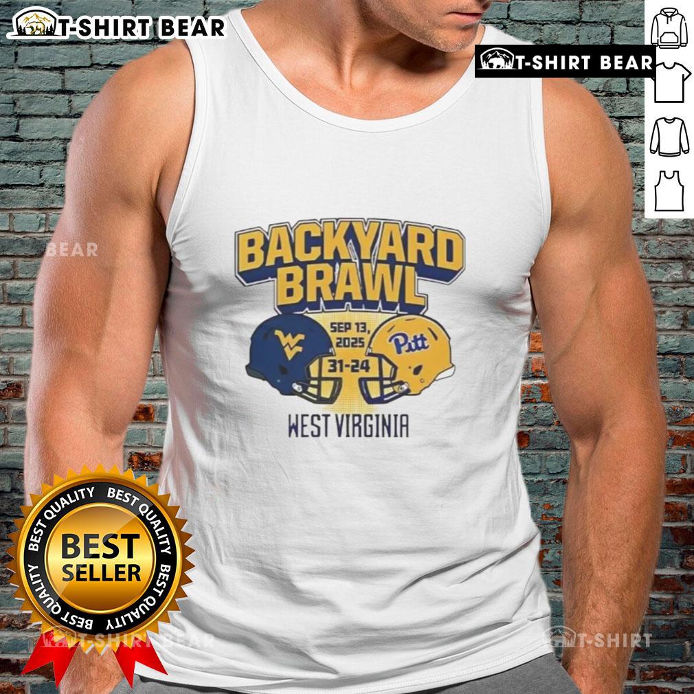 Good West Virginia Mountaineers beat Pittsburgh Panthers 31-24 Backyard Brawl tank top featuring team logos and vibrant colors.