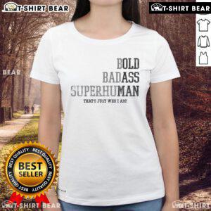 Happy bold badass superhuman old man wearing a stylish ladies tee, showcasing confidence and a vibrant personality.