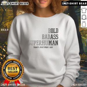 Happy bold badass superhuman old man wearing a stylish sweatshirt, showcasing unique design and vibrant colors.