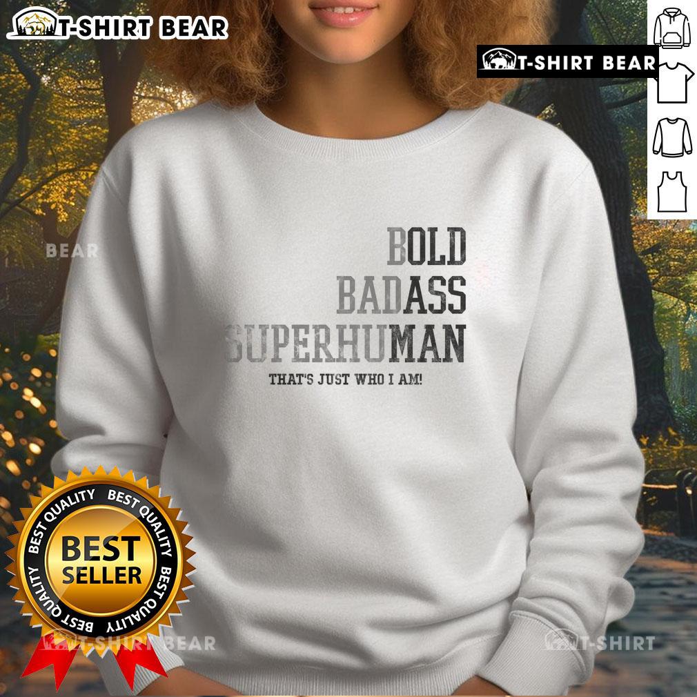 Happy bold badass superhuman old man wearing a stylish sweatshirt, showcasing unique design and vibrant colors.