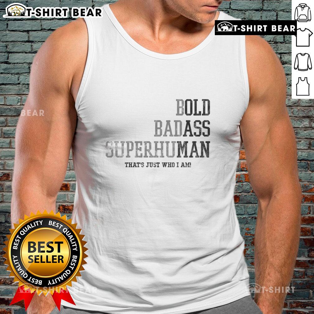 Happy bold badass superhuman old man in a tank top, showcasing confidence and strength with a vibrant smile.