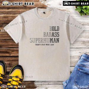 Alt Text: Happy bold badass superhuman old man wearing a washed T-shirt, exuding confidence and charisma in a vibrant setting.
